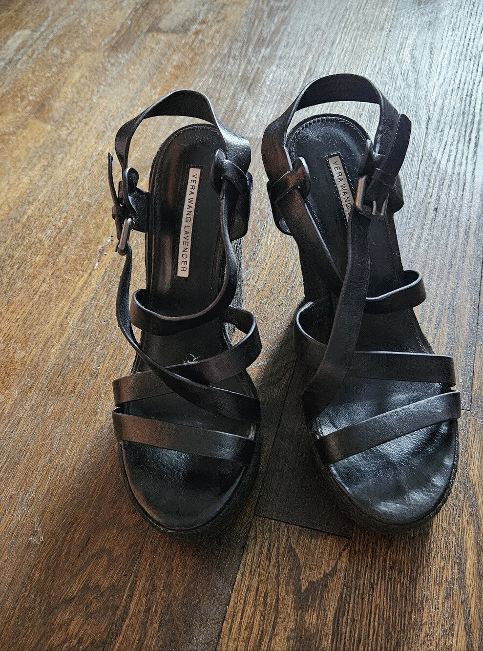 Vera Wang Lavender Size 7 Black Strappy Wedge Sandals